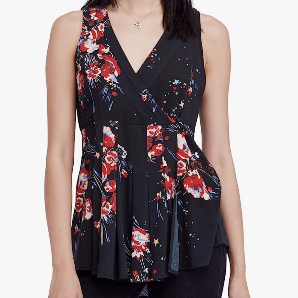 Free People Black Floral Back to The Basics Sleeveless Tunic Size Small